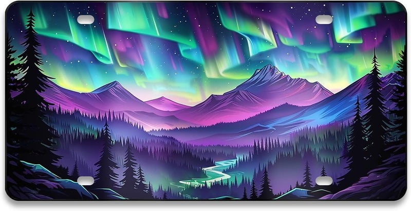 MCIAONE Front License Plate Cover - Aurora License Plate, Aluminum Aurora Forest Decorative License Plates, Night Sky Novelty Vanity Tag, Car Decor Accessory with 4 Holes, 6×12 inch Car License Decor - Image 1